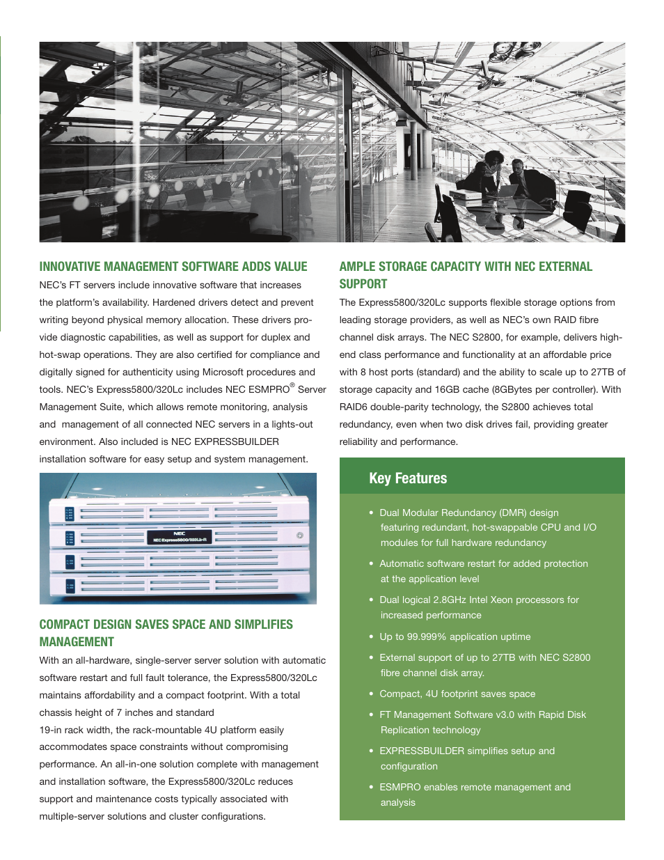 Key features, Innovative management software adds value, Ample storage capacity with nec external support | NEC Express 320Lc User Manual | Page 3 / 4