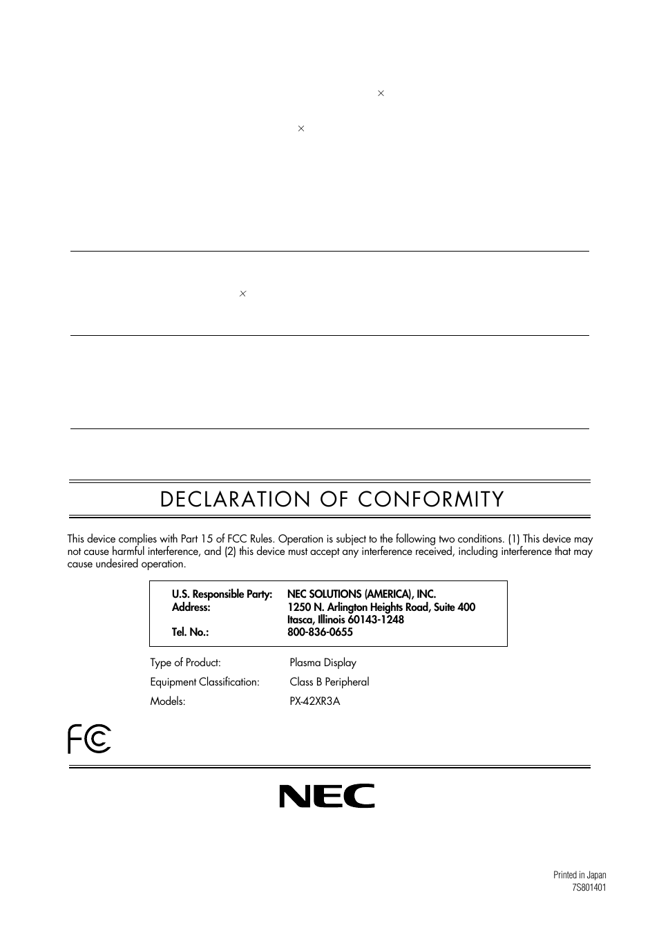 Declaration of conformity | NEC PX-42XR3A User Manual | Page 8 / 8