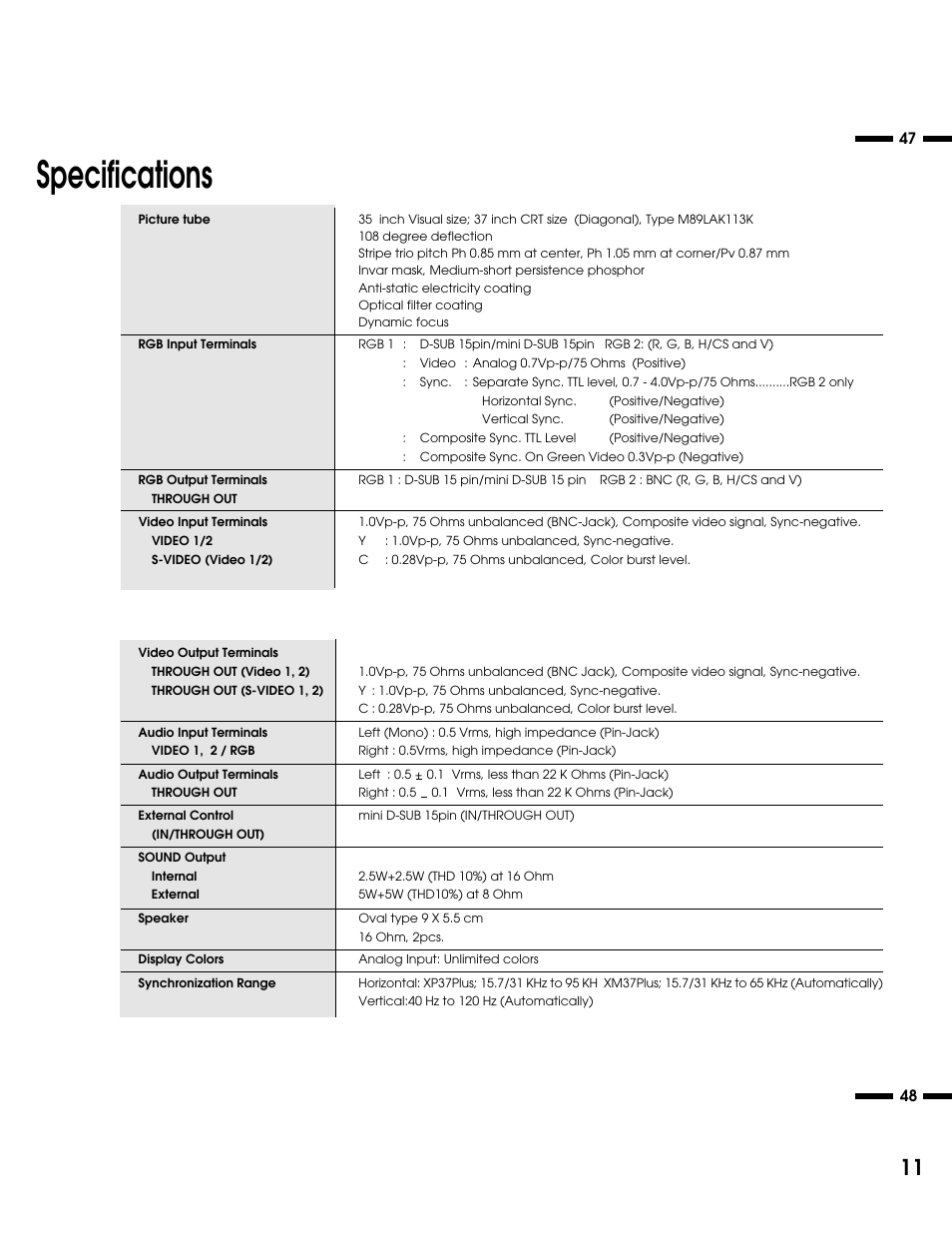 Specifications | NEC XM37 User Manual | Page 29 / 38