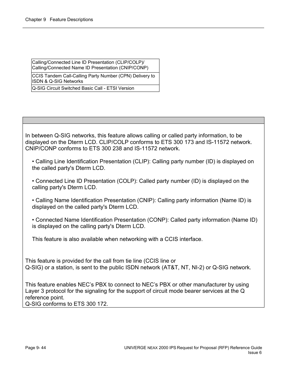 Q-sig feature list, Q-sig feature descriptions | NEC UNIVERGE NEAX 2000 IPS User Manual | Page 190 / 389