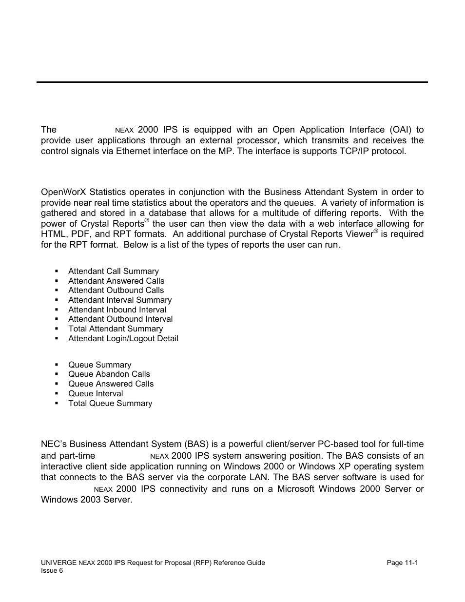 Chapter 11 open application interface, System outline, Open worx : attendant statistics | Open worx : business attendant system (bas) | NEC UNIVERGE NEAX 2000 IPS User Manual | Page 207 / 389