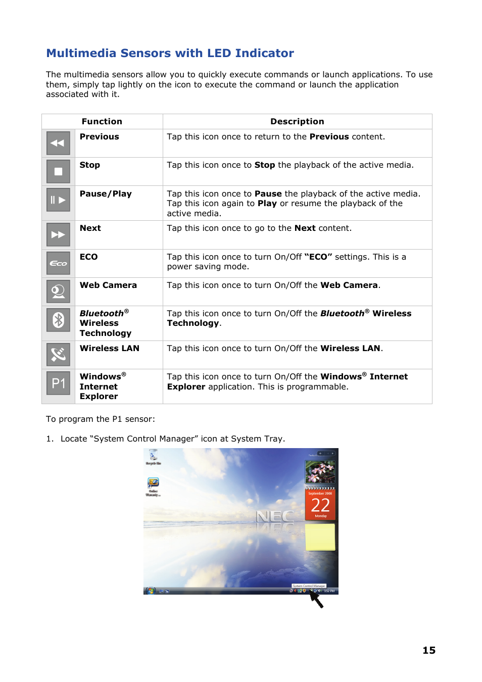 Multimedia sensors, Multimedia sensors with led indicator | NEC VERSA P8510 User Manual | Page 15 / 94
