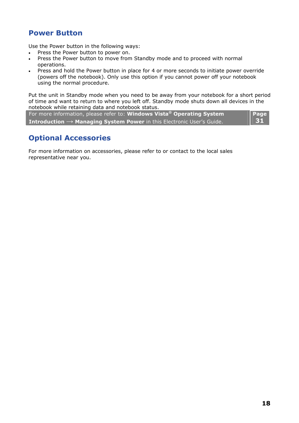 Power button, Optional accessories | NEC VERSA P8510 User Manual | Page 18 / 94