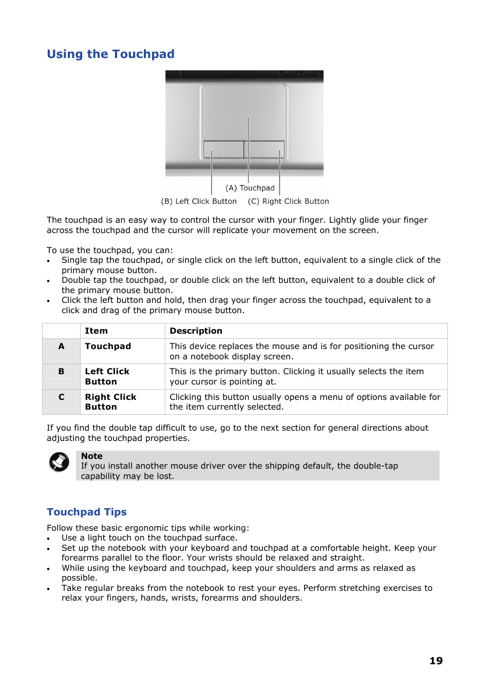 Using the touchpad, Touchpad tips | NEC VERSA P8510 User Manual | Page 19 / 94