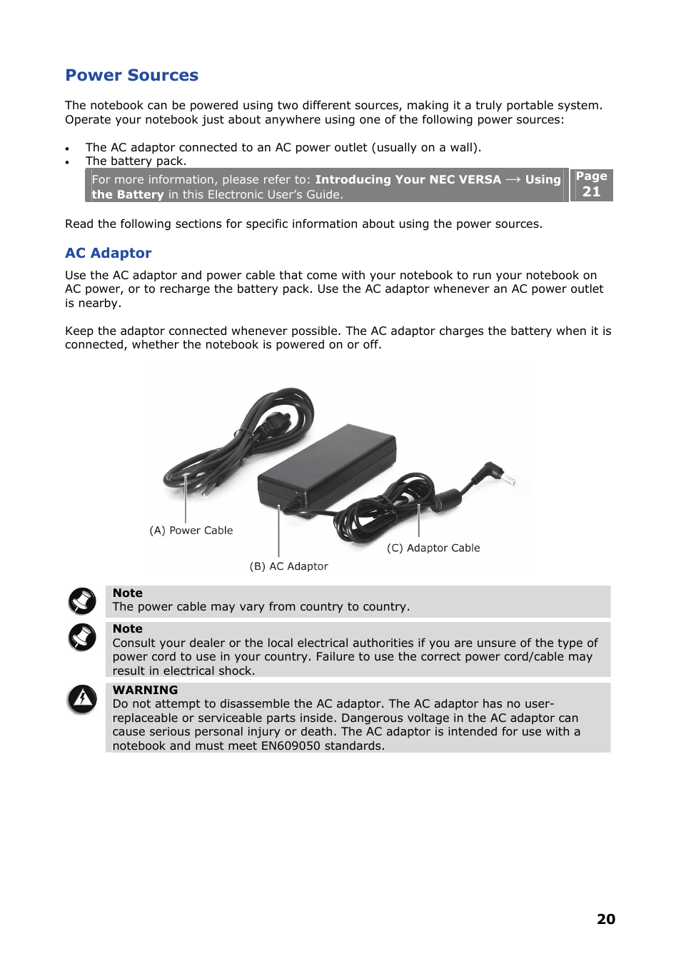Power sources, Ac adaptor | NEC VERSA P8510 User Manual | Page 20 / 94