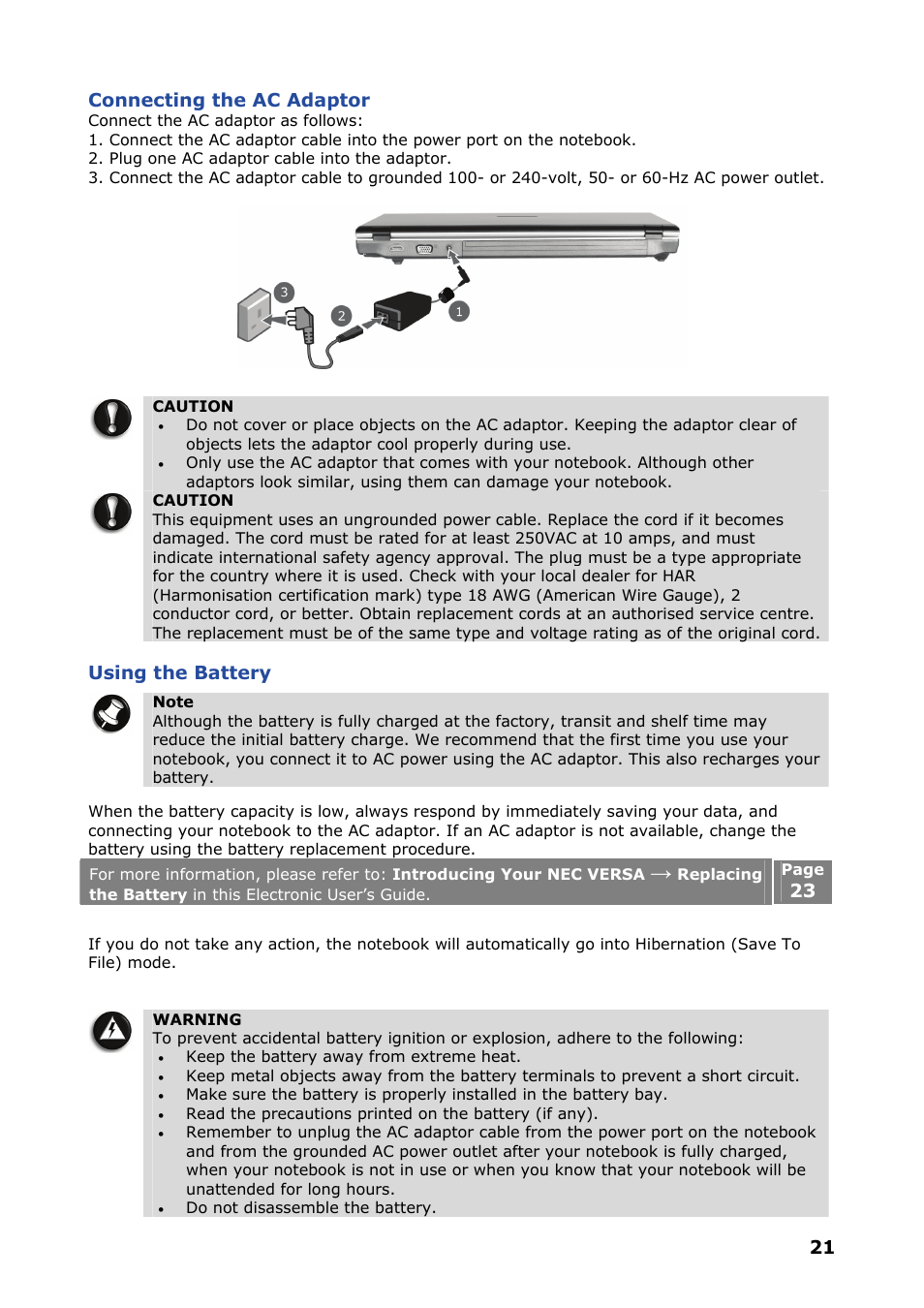 Connecting the ac adaptor, Using the battery, 21 connecting the ac adaptor | NEC VERSA P8510 User Manual | Page 21 / 94