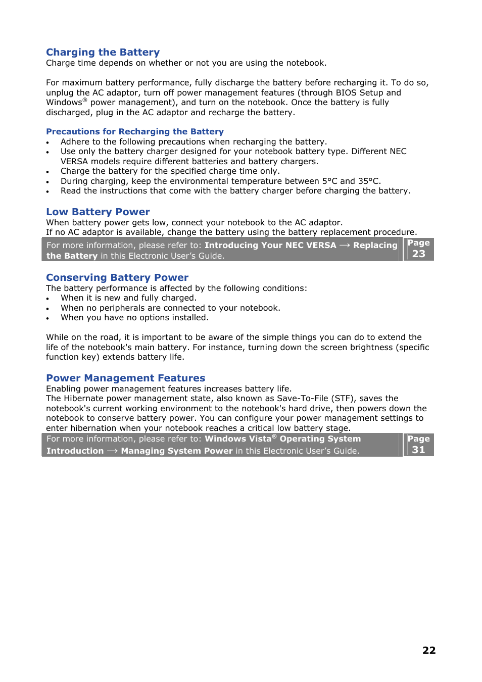 Charging the battery, Low battery power, Conserving battery power | NEC VERSA P8510 User Manual | Page 22 / 94