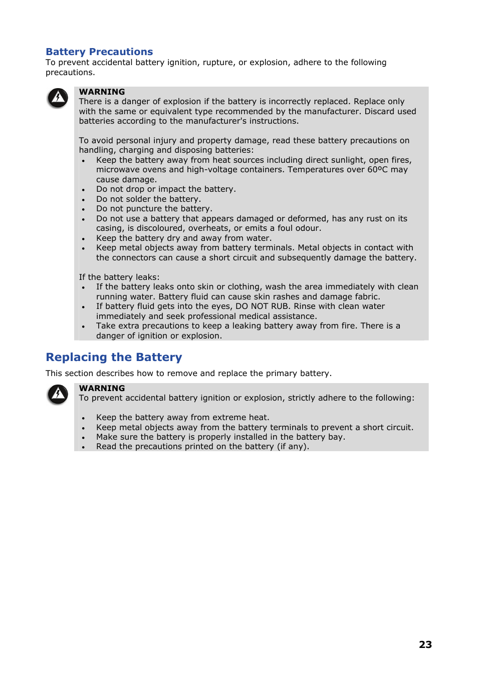 Battery precautions, Replacing the battery, 23 battery precautions | NEC VERSA P8510 User Manual | Page 23 / 94