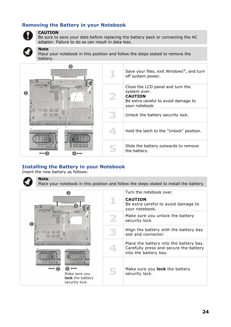 Removing the battery in your notebook, Installing the battery in your system | NEC VERSA P8510 User Manual | Page 24 / 94