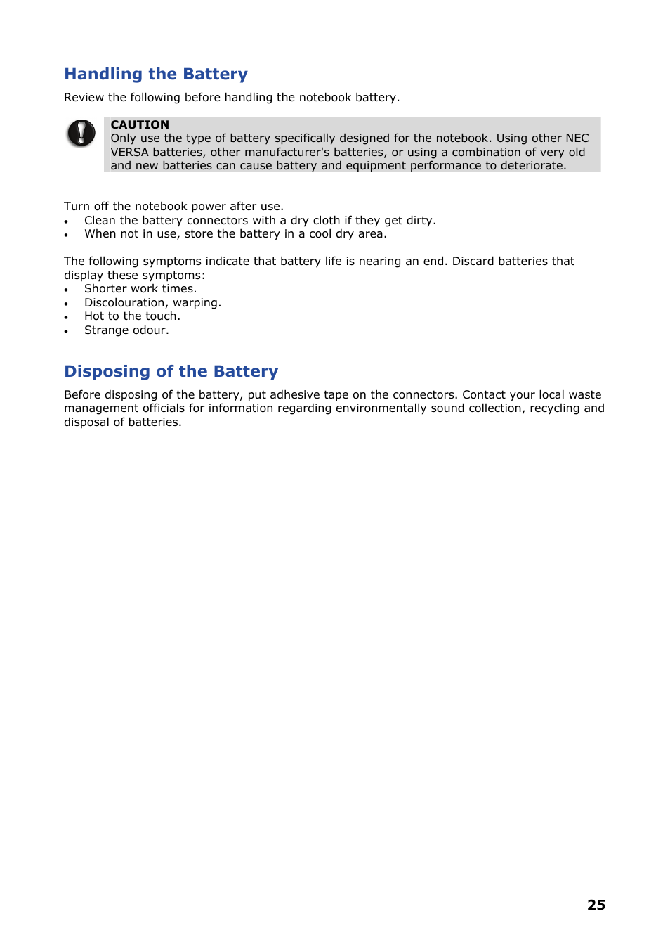 Handling the battery, Disposing of the battery | NEC VERSA P8510 User Manual | Page 25 / 94