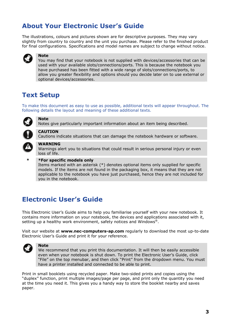 About your electronic user’s guide, Text setup, Electronic user’s guide | NEC VERSA P8510 User Manual | Page 3 / 94