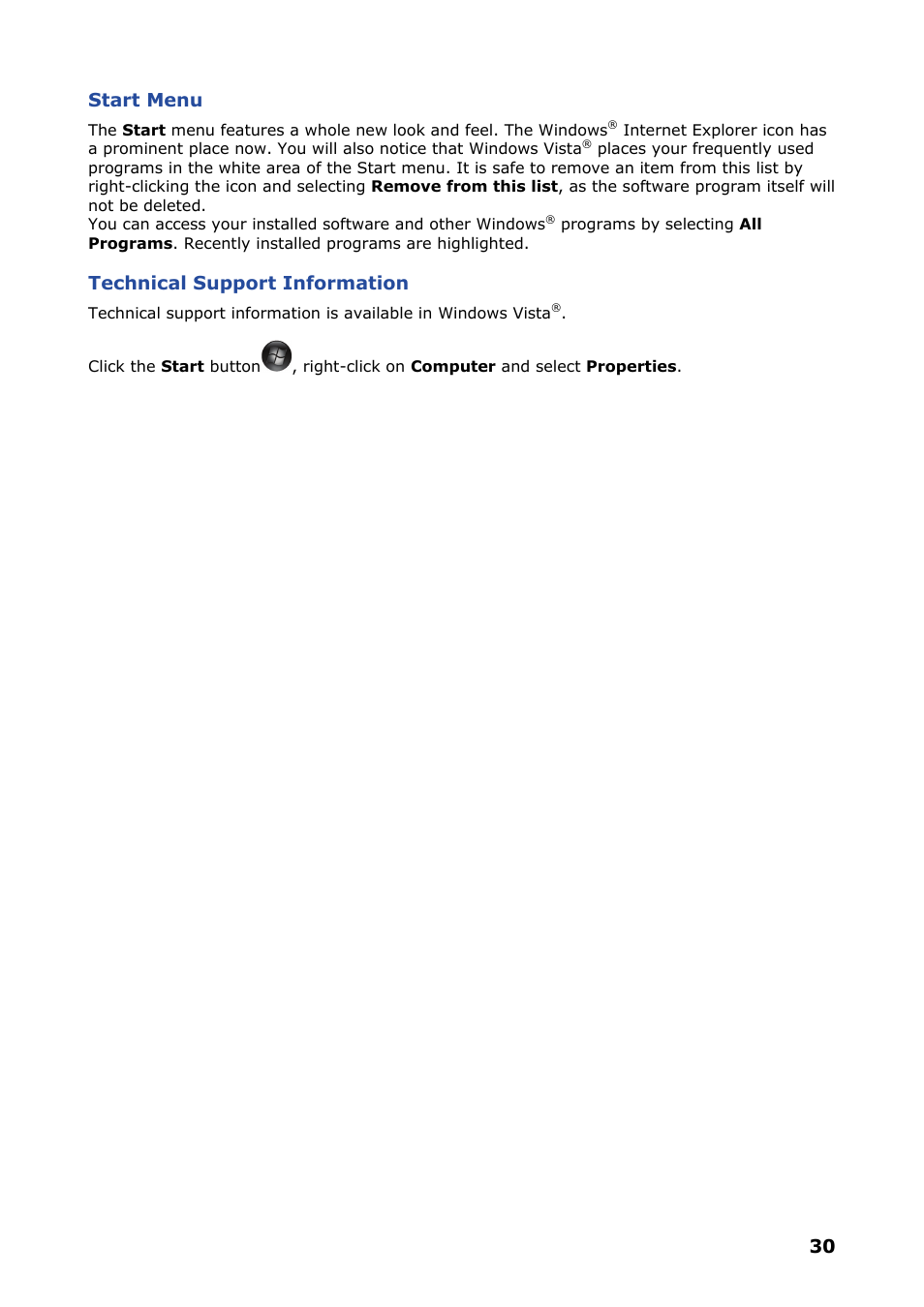 30 start menu, Technical support information | NEC VERSA P8510 User Manual | Page 30 / 94