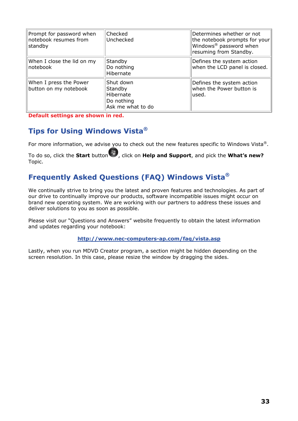 Tips for using windows vista, Frequently asked questions (faq) windows vista | NEC VERSA P8510 User Manual | Page 33 / 94