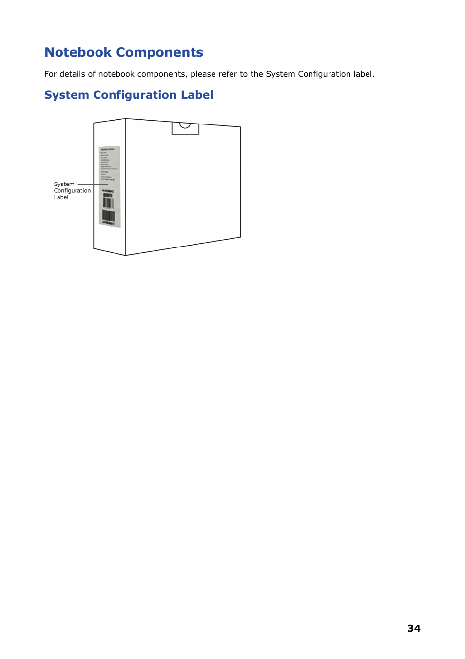 Notebook components, System configuration label | NEC VERSA P8510 User Manual | Page 34 / 94