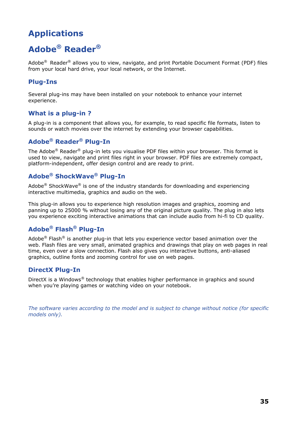Applications, Adobe® reader, Applications adobe | Reader | NEC VERSA P8510 User Manual | Page 35 / 94