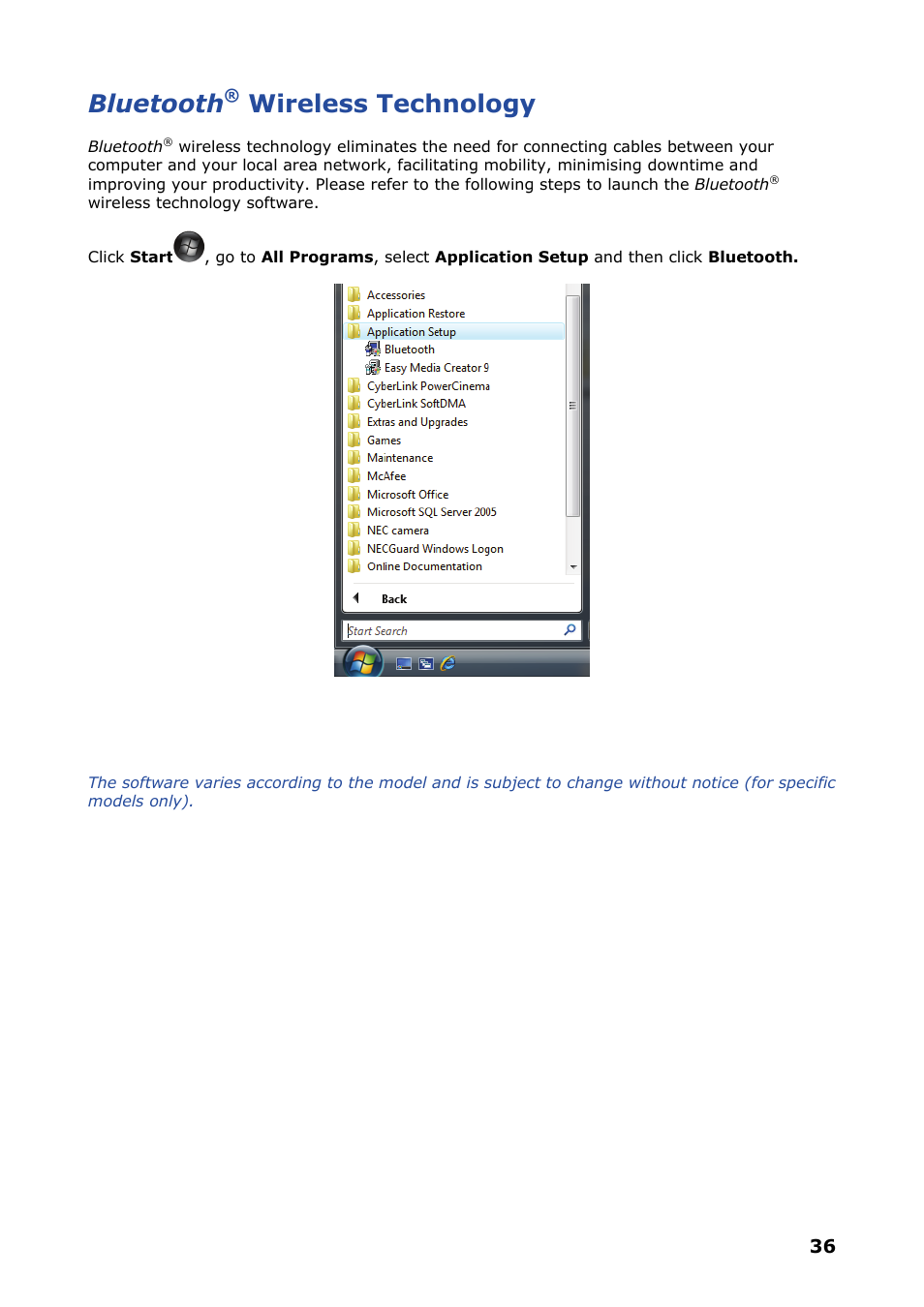 Bluetooth® wireless technology, Bluetooth, Wireless technology | NEC VERSA P8510 User Manual | Page 36 / 94