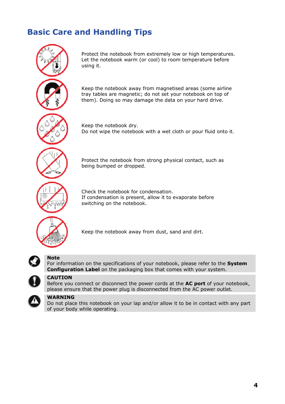 Basic care and handling tips | NEC VERSA P8510 User Manual | Page 4 / 94