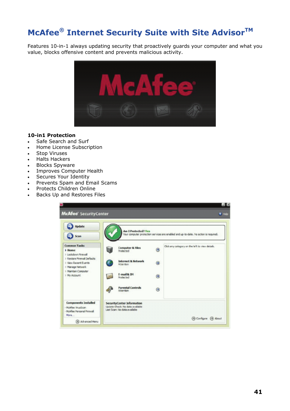 Mcafee, Internet security suite with site advisor | NEC VERSA P8510 User Manual | Page 41 / 94