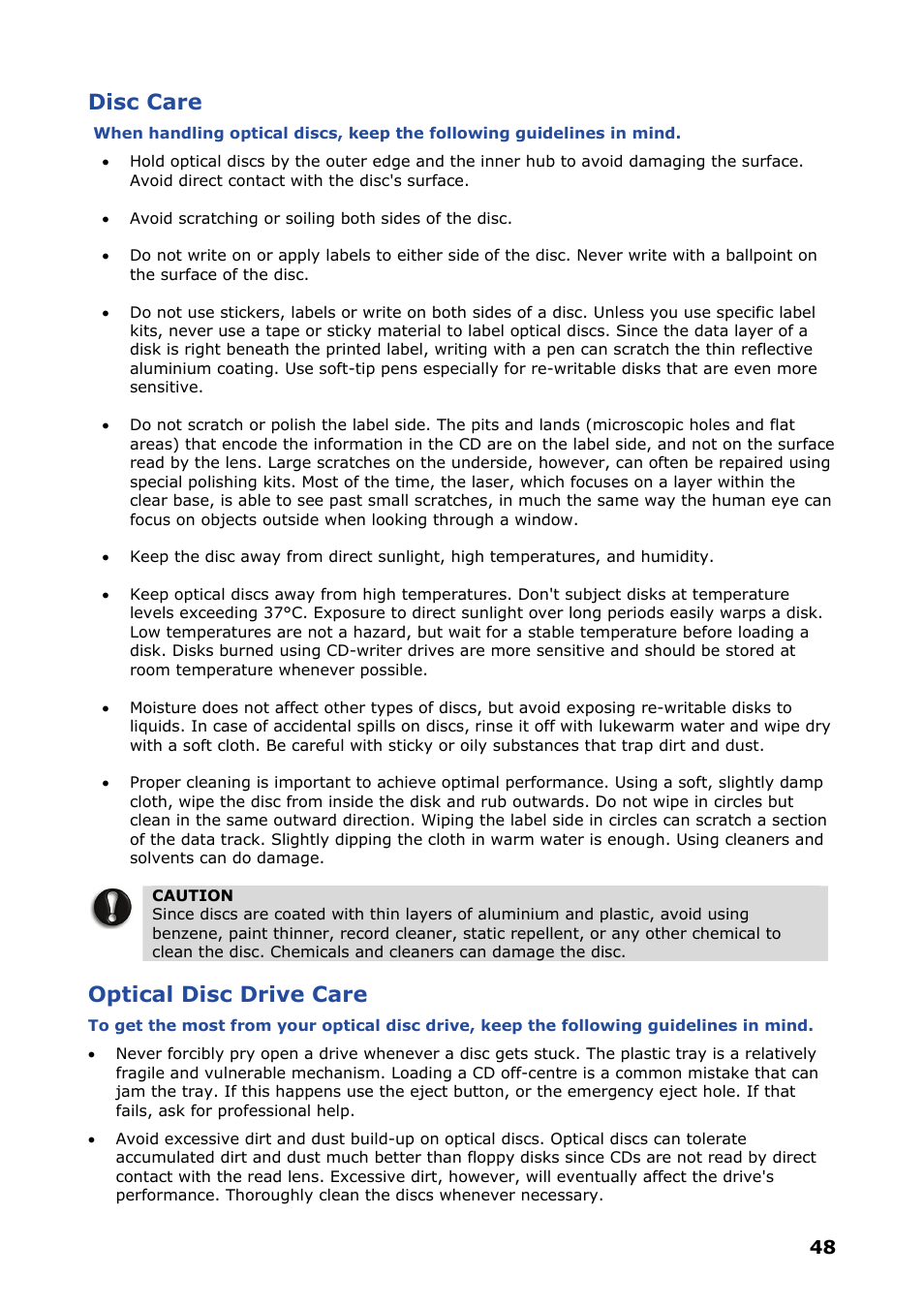 Disc care, Optical disc drive care | NEC VERSA P8510 User Manual | Page 48 / 94