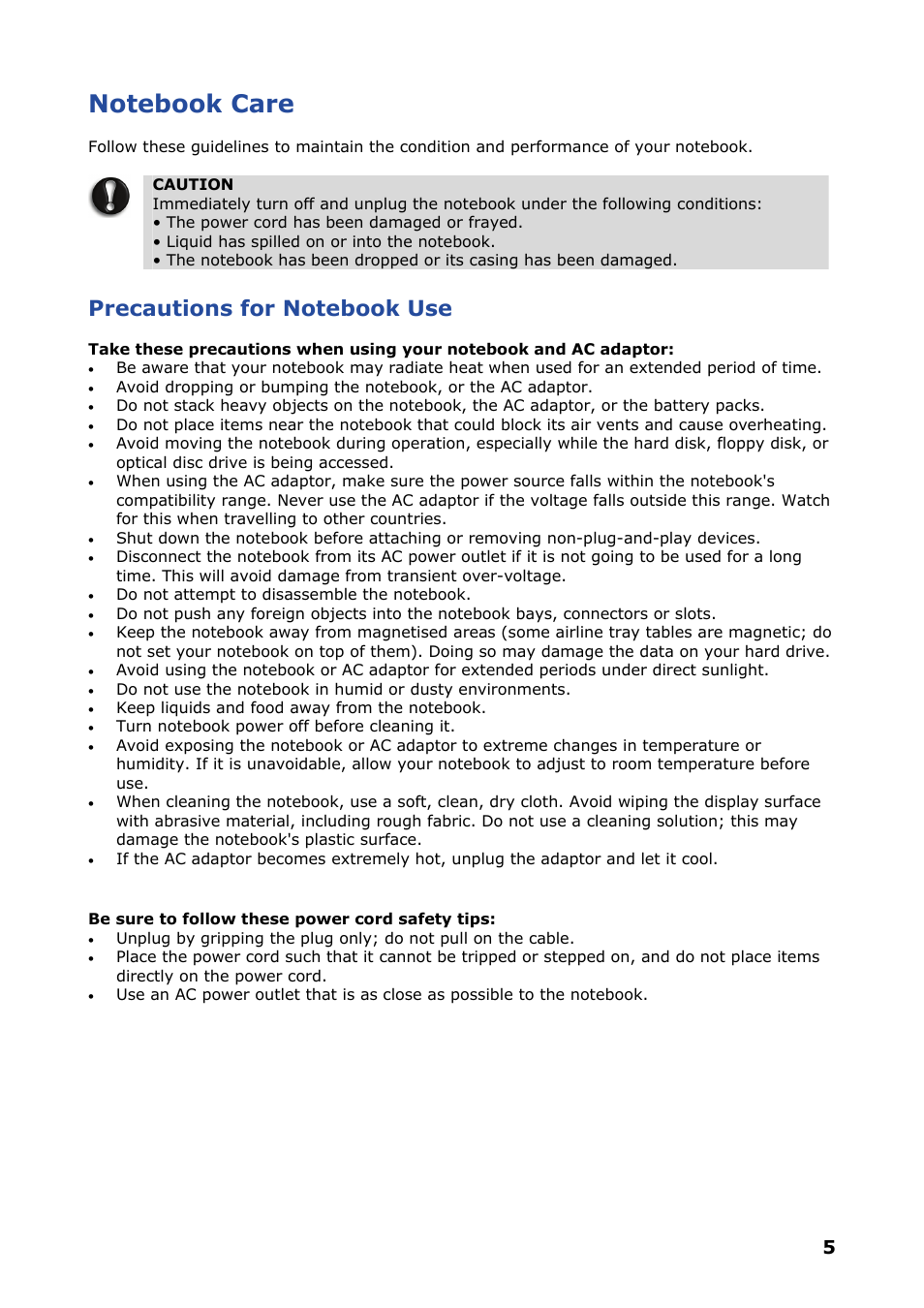 Notebook care, Precautions for notebook use | NEC VERSA P8510 User Manual | Page 5 / 94