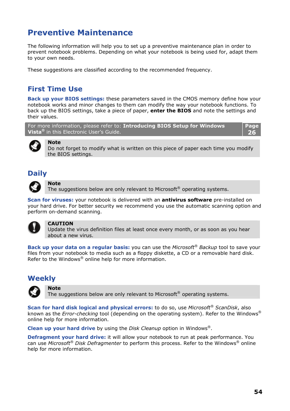 Preventive maintenance, First time use, Daily | Weekly | NEC VERSA P8510 User Manual | Page 54 / 94
