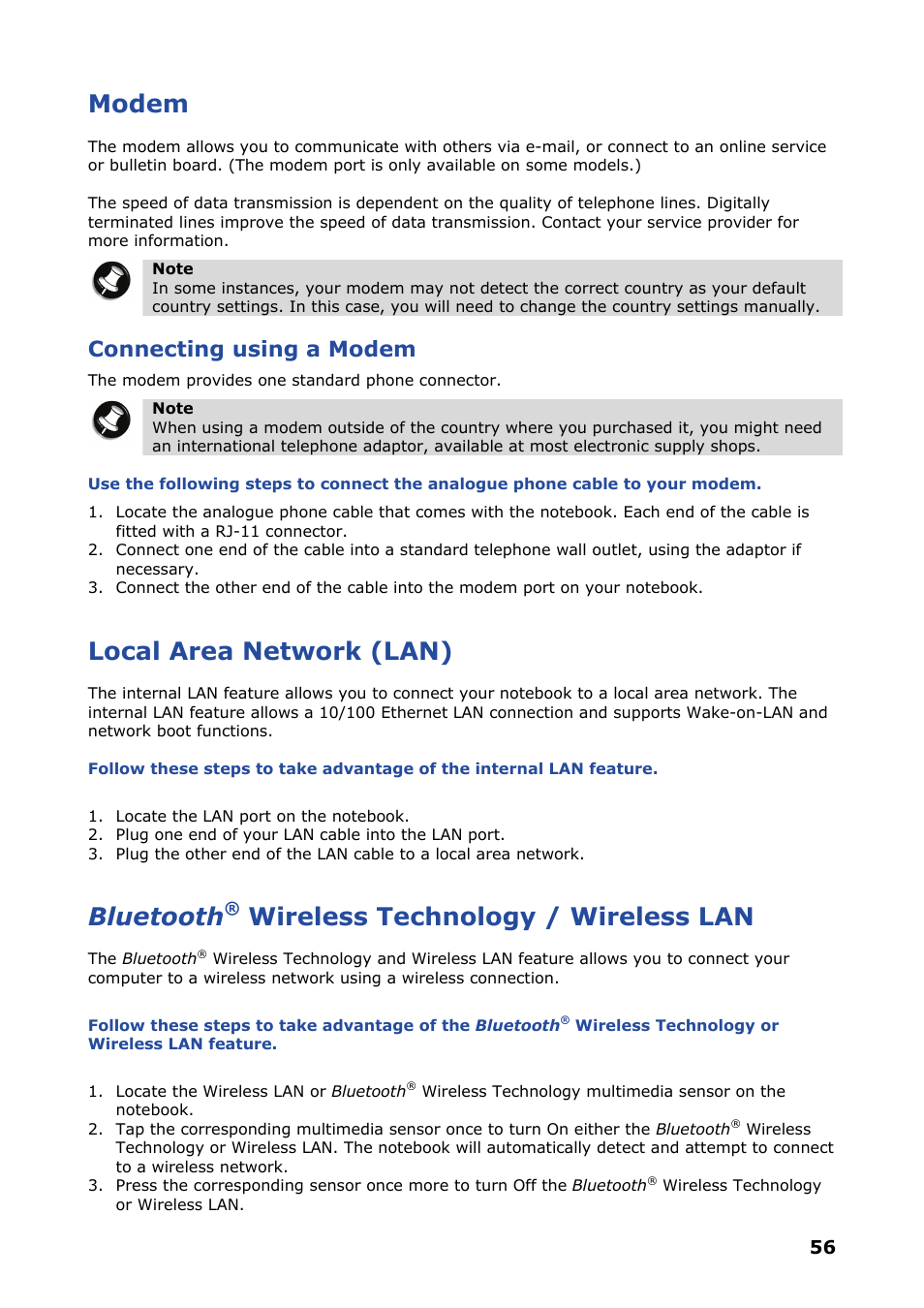 Modem, Local area network (lan), Bluetooth® wireless technology / wireless lan | Bluetooth, Wireless technology / wireless lan, Connecting using a modem | NEC VERSA P8510 User Manual | Page 56 / 94