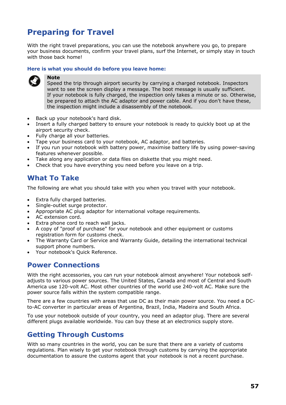 Preparing for travel, What to take, Power connections | Getting through customs | NEC VERSA P8510 User Manual | Page 57 / 94