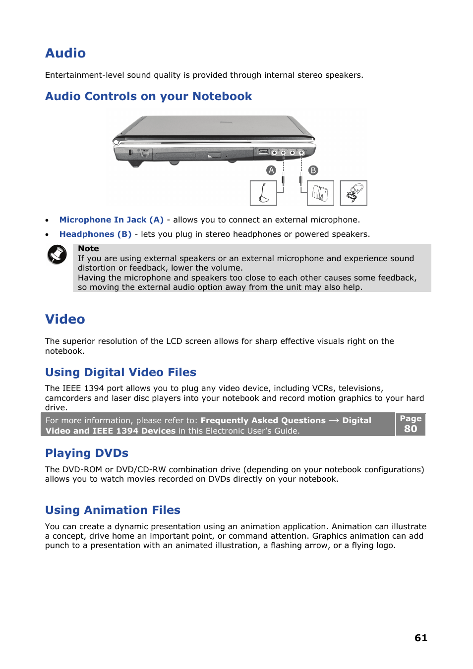 Audio, Video, Using digital video files | Playing dvds, Using animation files | NEC VERSA P8510 User Manual | Page 61 / 94