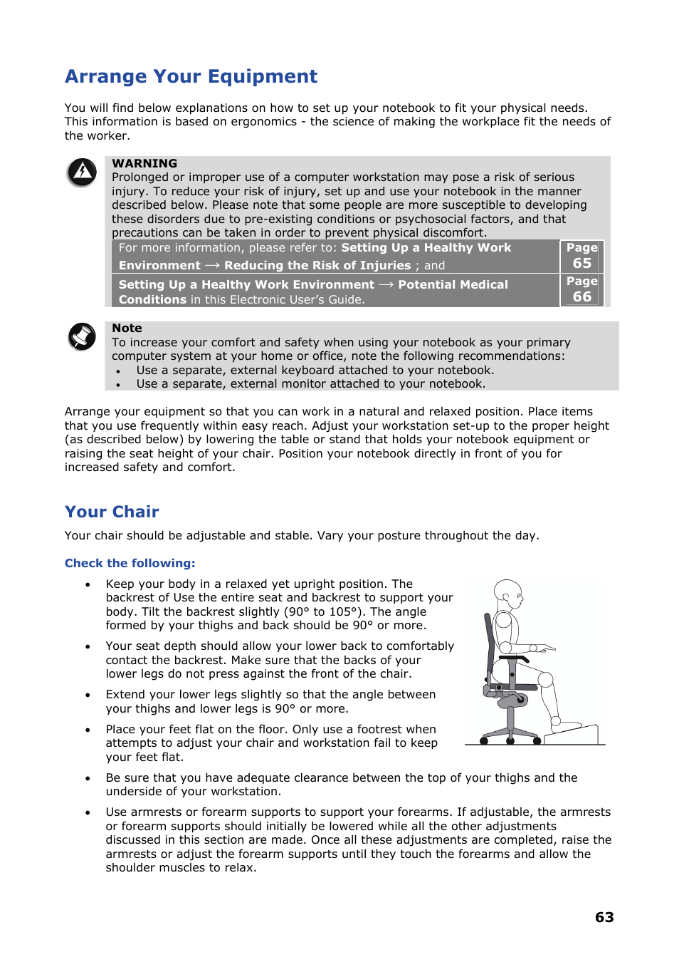 Arrange your equipment, Your chair | NEC VERSA P8510 User Manual | Page 63 / 94