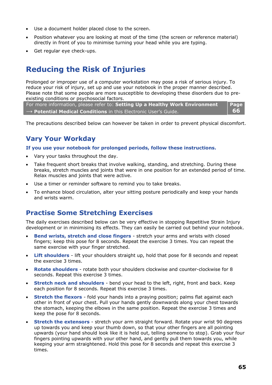 Reducing the risk of injuries, Vary your workday, Practise some stretching exercises | NEC VERSA P8510 User Manual | Page 65 / 94