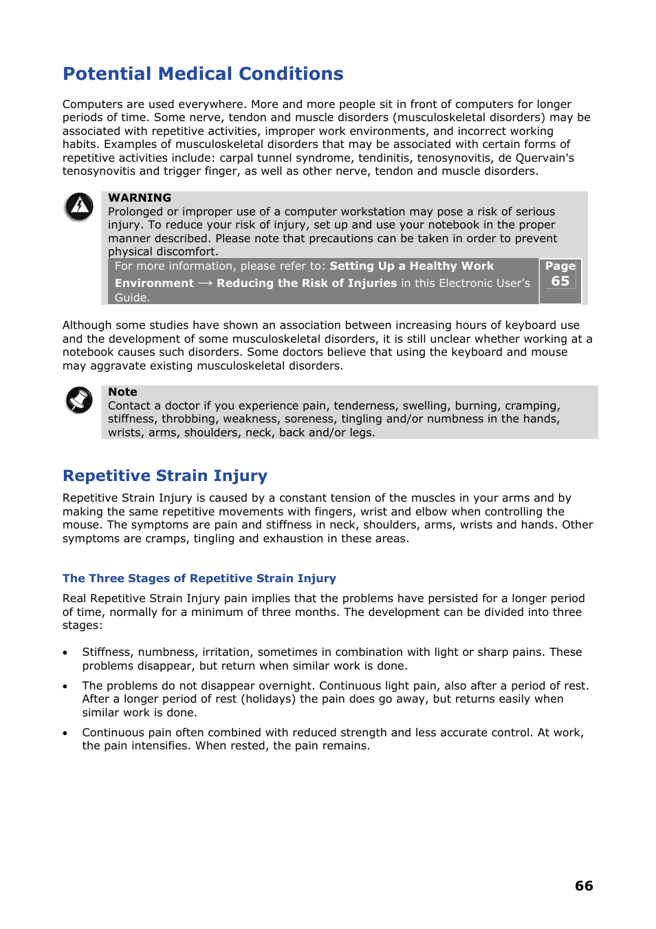 Potential medical conditions, Repetitive strain injury | NEC VERSA P8510 User Manual | Page 66 / 94