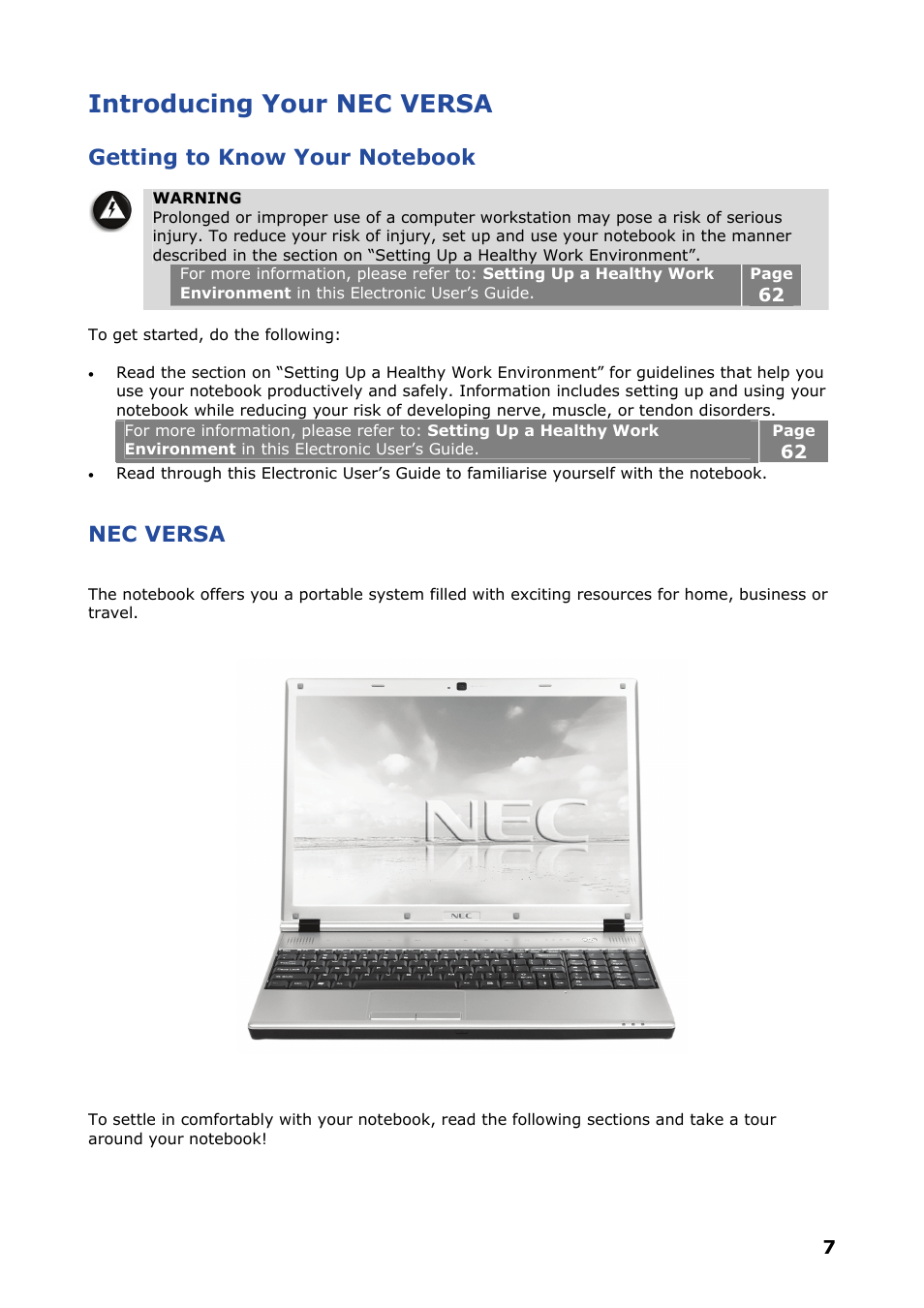 Introducing your nec versa, Getting to know your notebook, Nec versa | NEC VERSA P8510 User Manual | Page 7 / 94