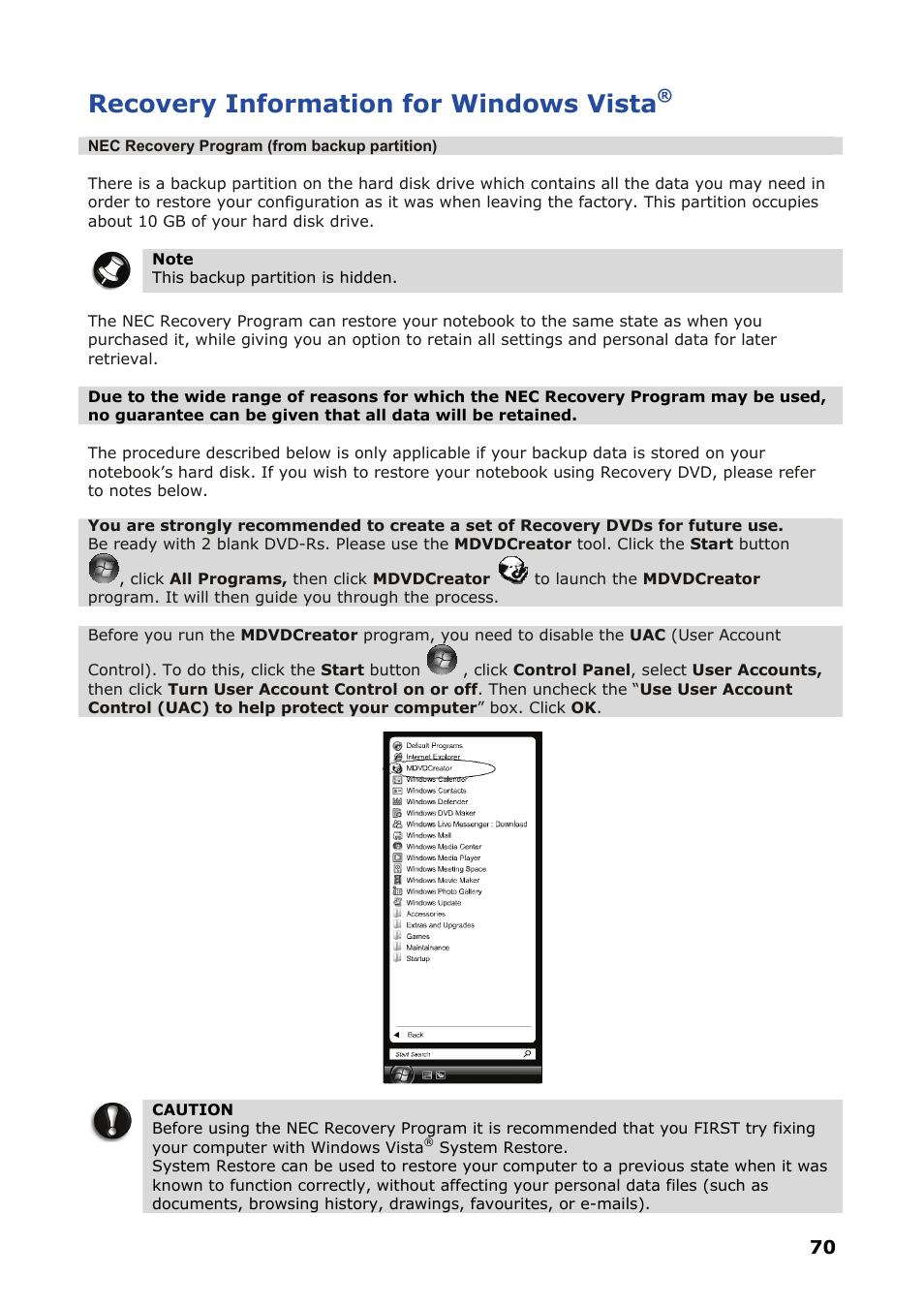 Recovery information for windows vista | NEC VERSA P8510 User Manual | Page 70 / 94