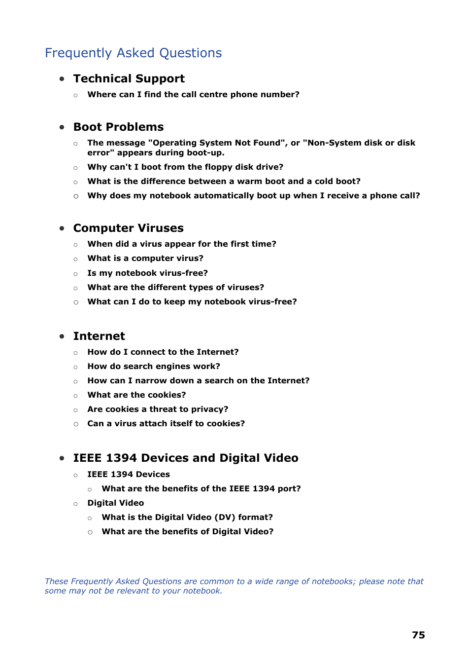 Frequently asked questions, Technical support, Boot problems | Computer viruses, Internet, Ieee 1394 devices and digital video | NEC VERSA P8510 User Manual | Page 75 / 94