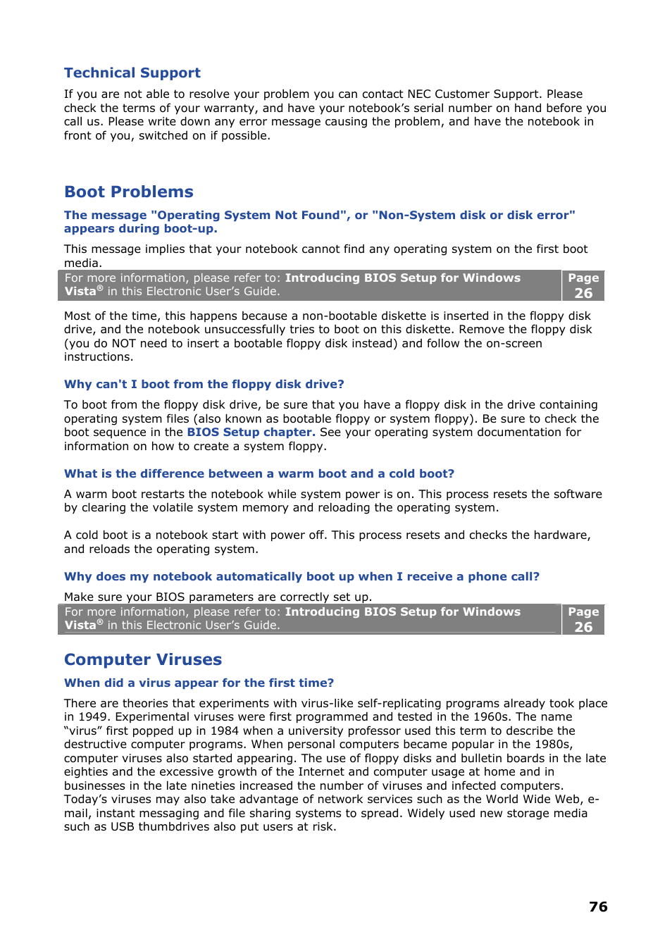 Technical support, Boot problems, Computer viruses | NEC VERSA P8510 User Manual | Page 76 / 94