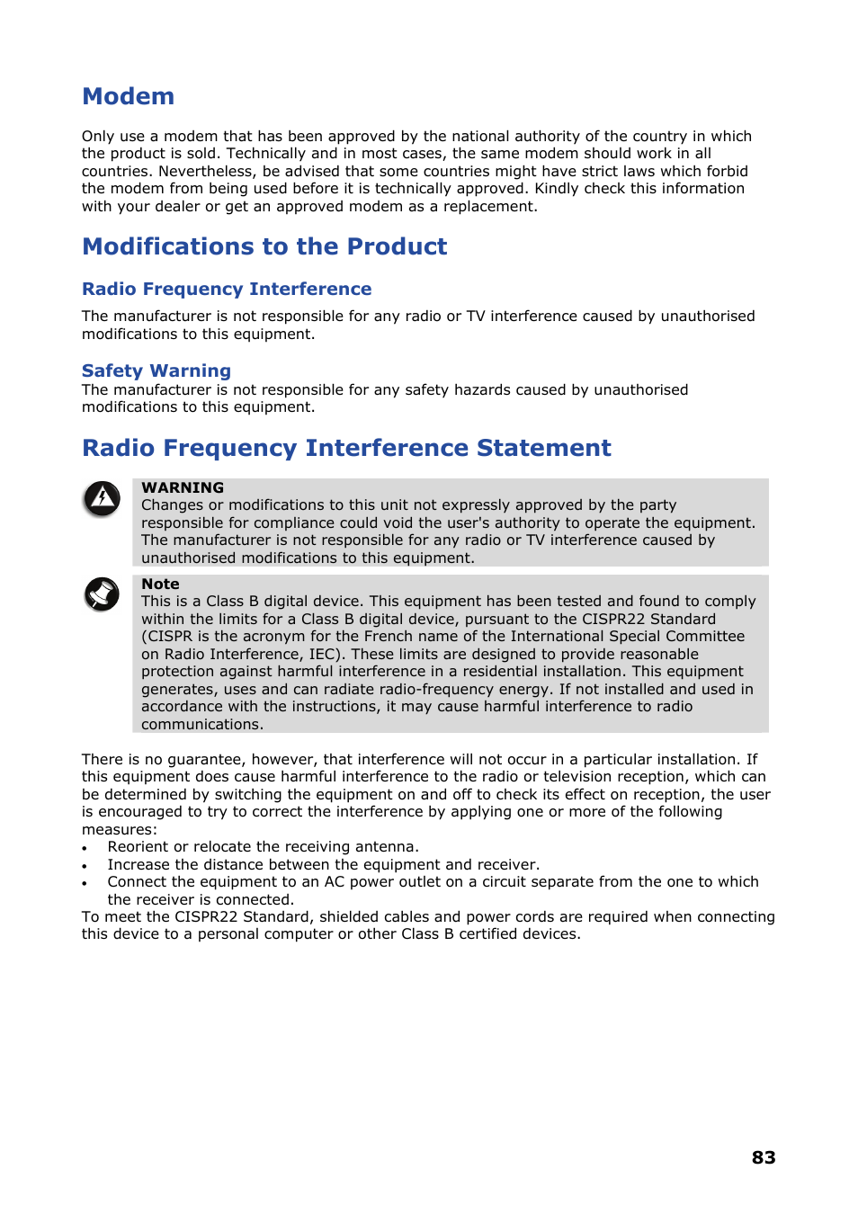 Modem, Modifications to the product, Radio frequency interference | Radio frequency interference statement | NEC VERSA P8510 User Manual | Page 83 / 94