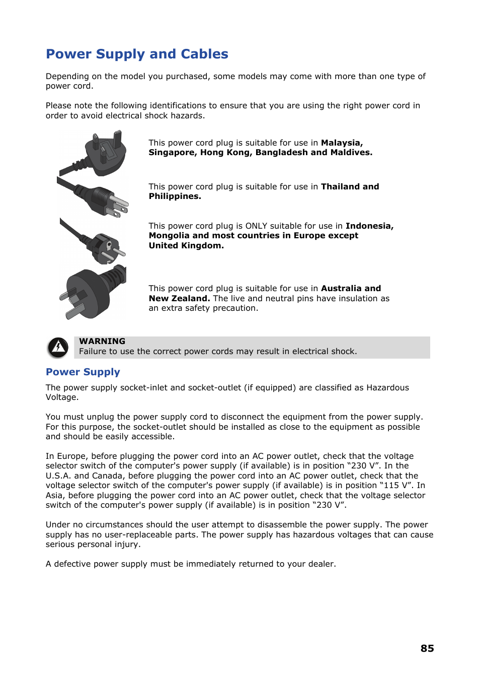 Power supply and cables, Power supply | NEC VERSA P8510 User Manual | Page 85 / 94
