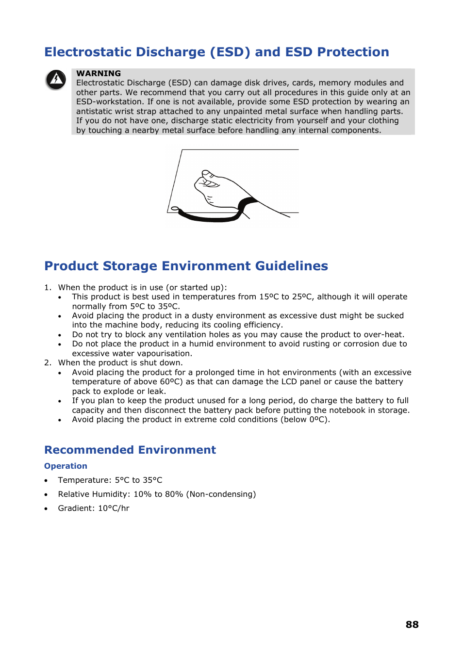 Electrostatic discharge (esd) and esd protection, Product storage environment guidelines, Recommended environment | NEC VERSA P8510 User Manual | Page 88 / 94