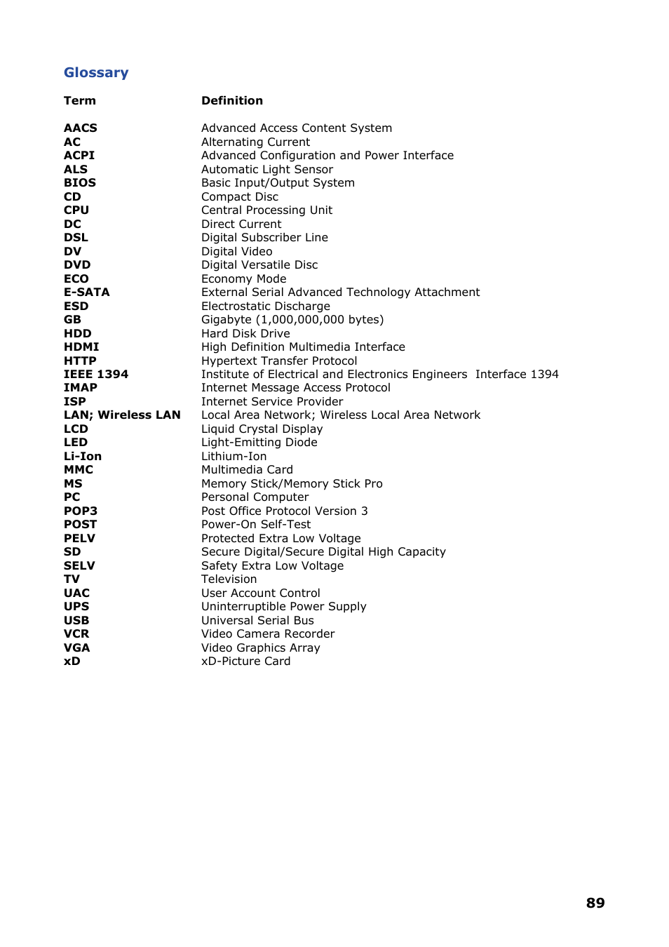 Glossary | NEC VERSA P8510 User Manual | Page 89 / 94