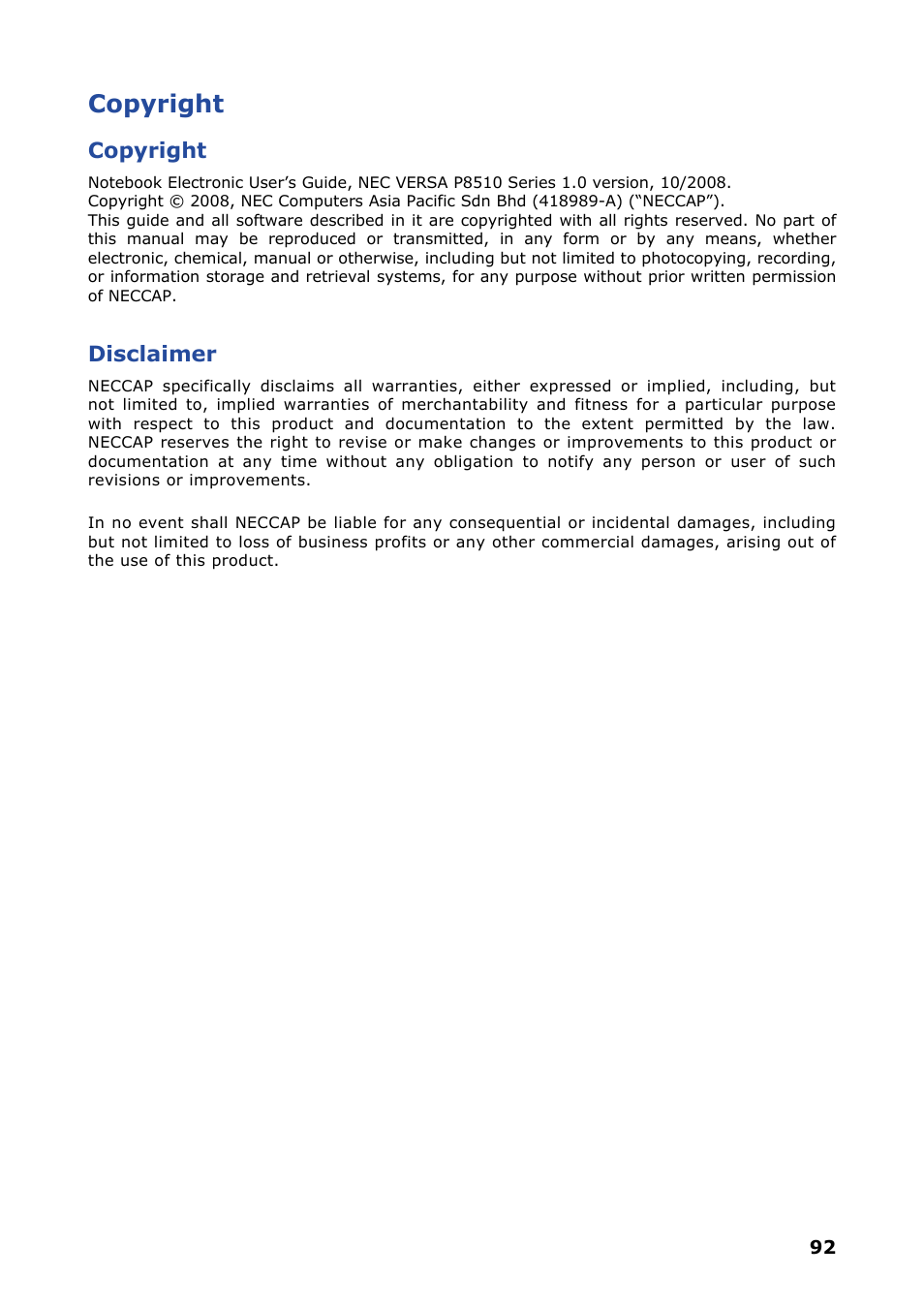 Copyright, Disclaimer | NEC VERSA P8510 User Manual | Page 92 / 94
