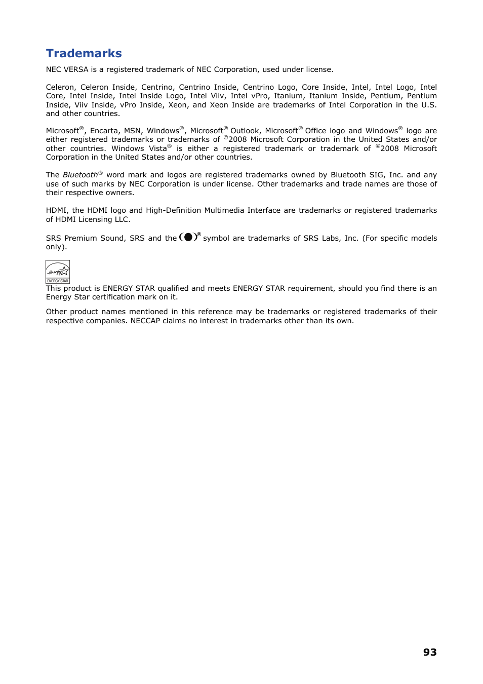 Trademarks | NEC VERSA P8510 User Manual | Page 93 / 94