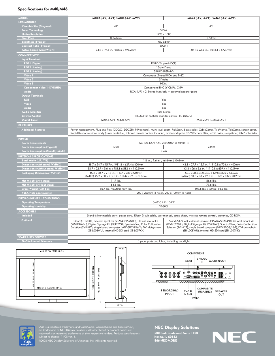 Nec display solutions, Specifications for m40/m46 | NEC M40-2-AVT User Manual | Page 2 / 2