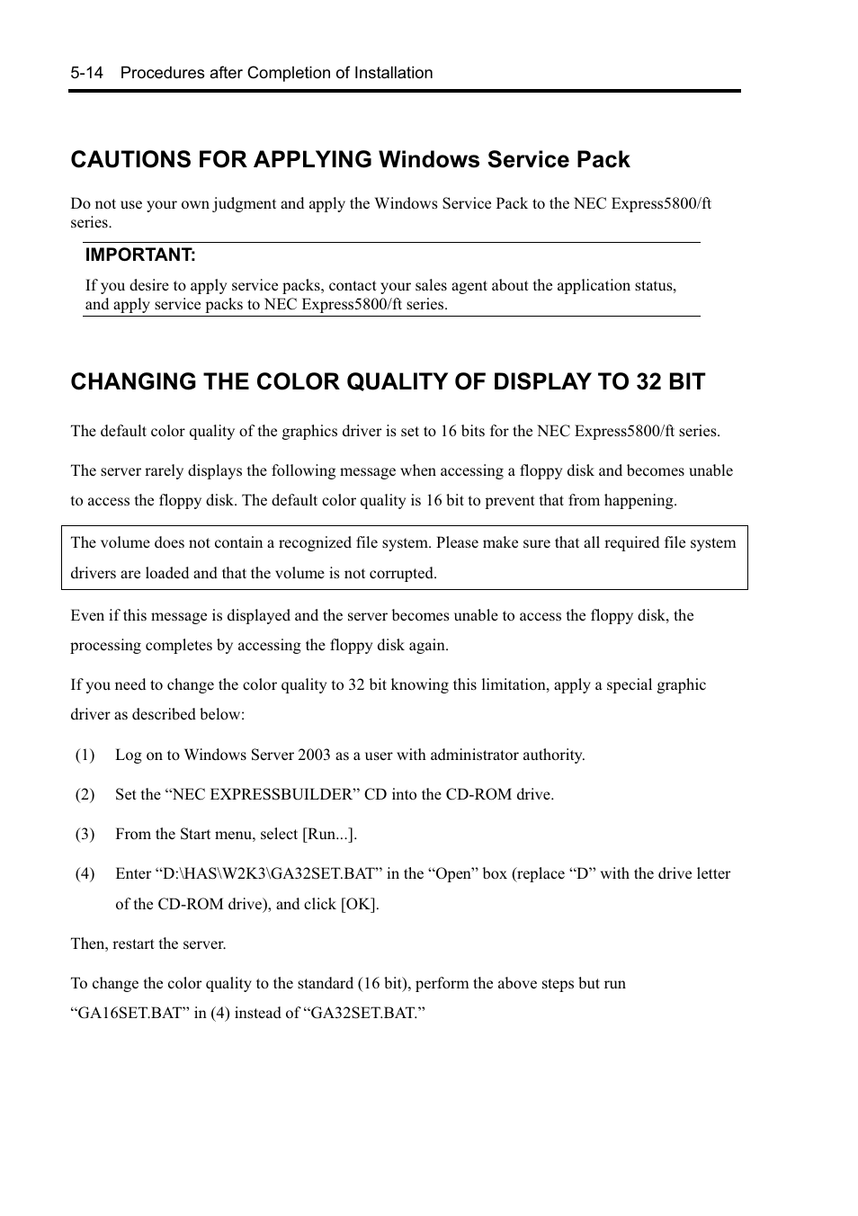 Cautions for applying windows service pack, Changing the color quality of display to 32 bit | NEC EXPRESS5800 N8800-099F User Manual | Page 110 / 136