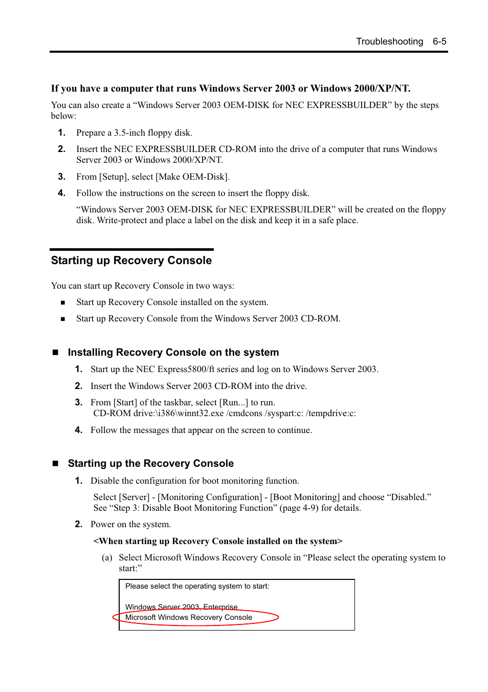 Starting up recovery console | NEC EXPRESS5800 N8800-099F User Manual | Page 117 / 136