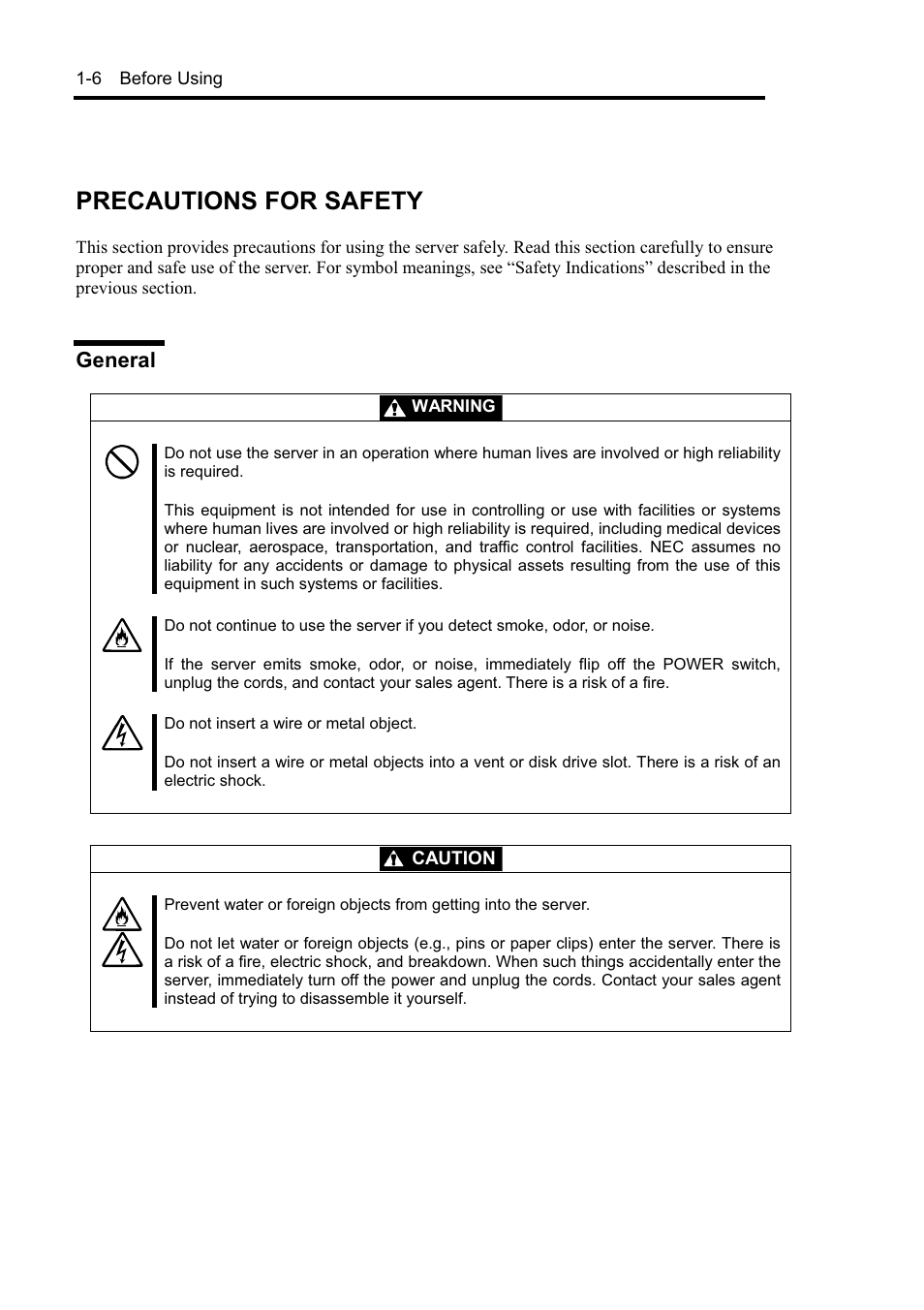 Precautions for safety, General | NEC EXPRESS5800 N8800-099F User Manual | Page 24 / 136