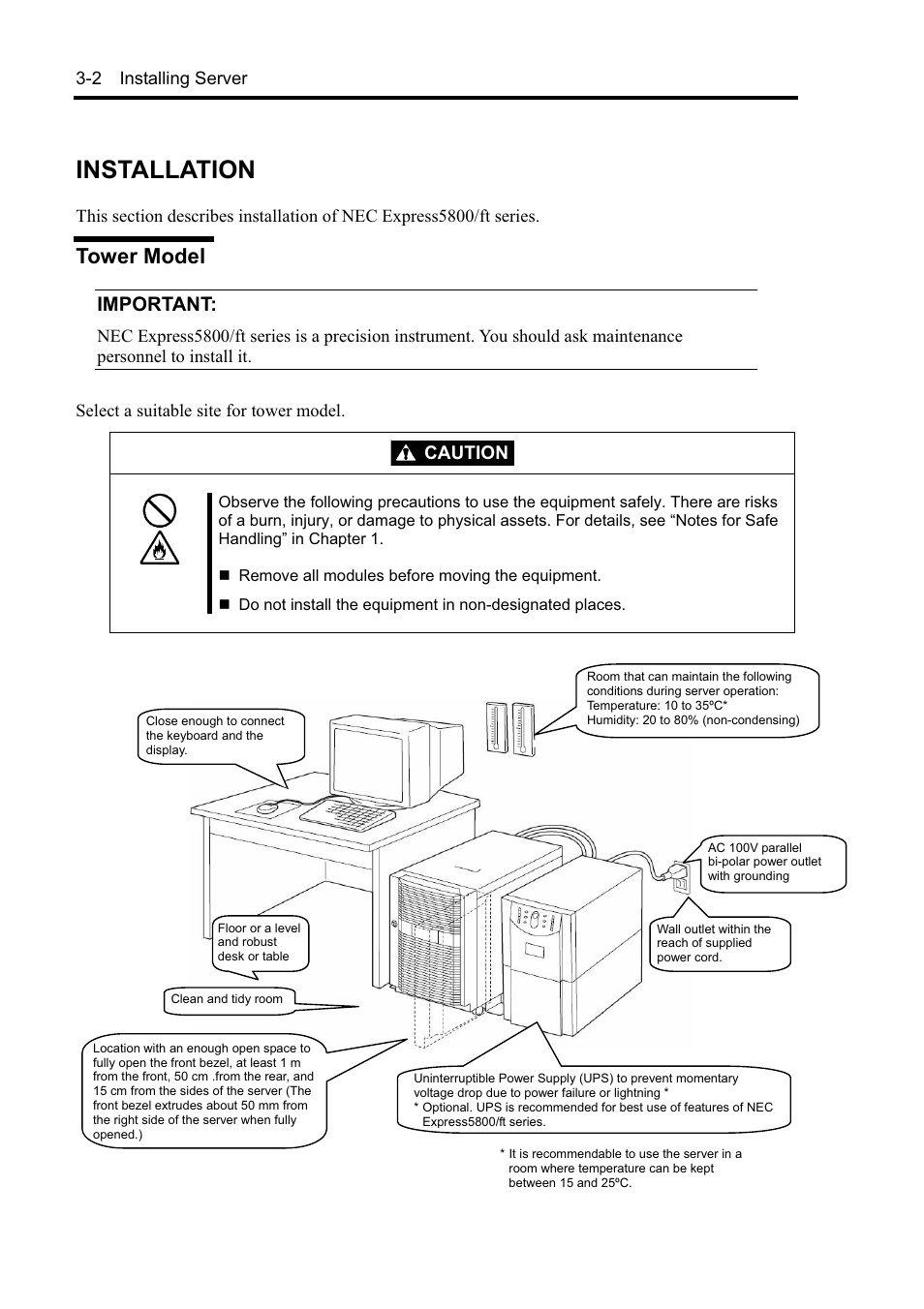 Installation, Tower model, Important | Caution | NEC EXPRESS5800 N8800-099F User Manual | Page 44 / 136
