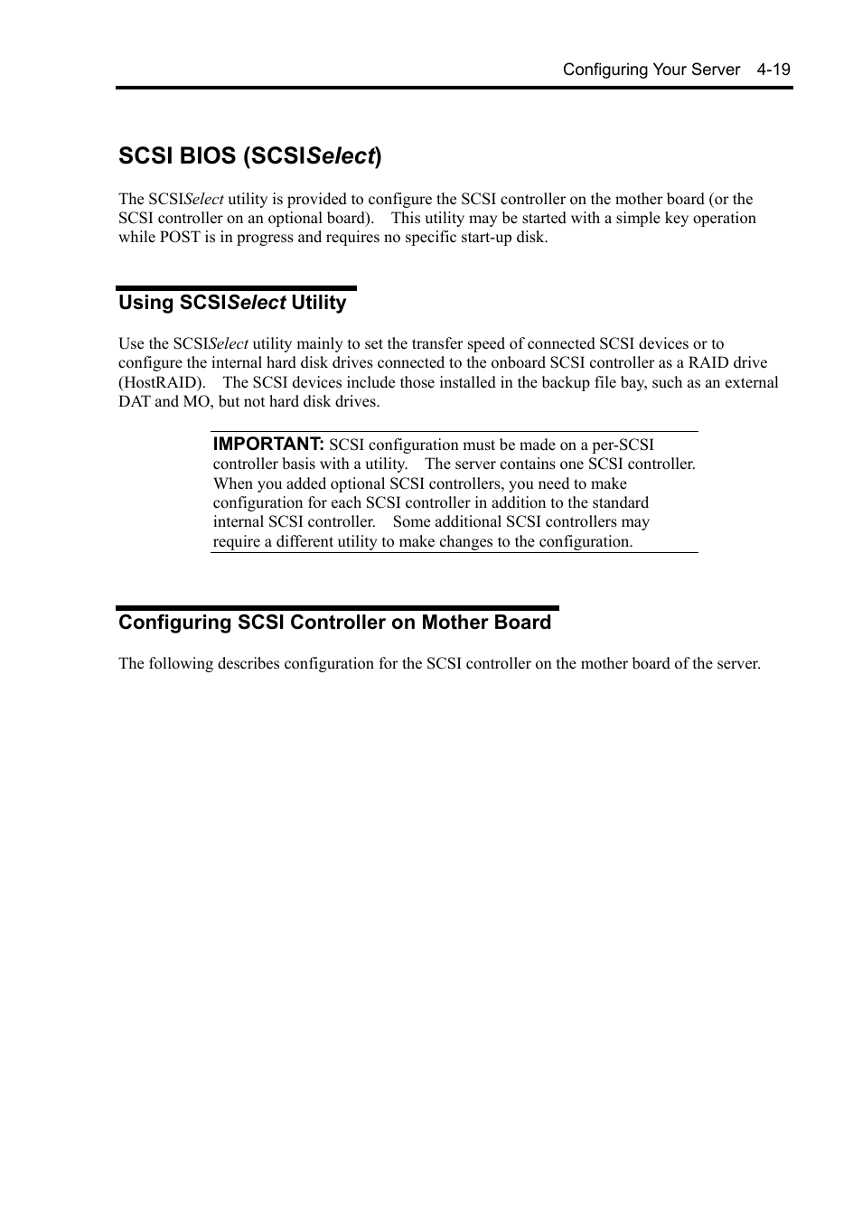 Scsi bios (scsiselect), Using scsiselect utility, Configuring scsi controller on mother board | Scsi bios (scsi select ) | NEC Express5800/120Rh-2 N8100-1126F User Manual | Page 115 / 406