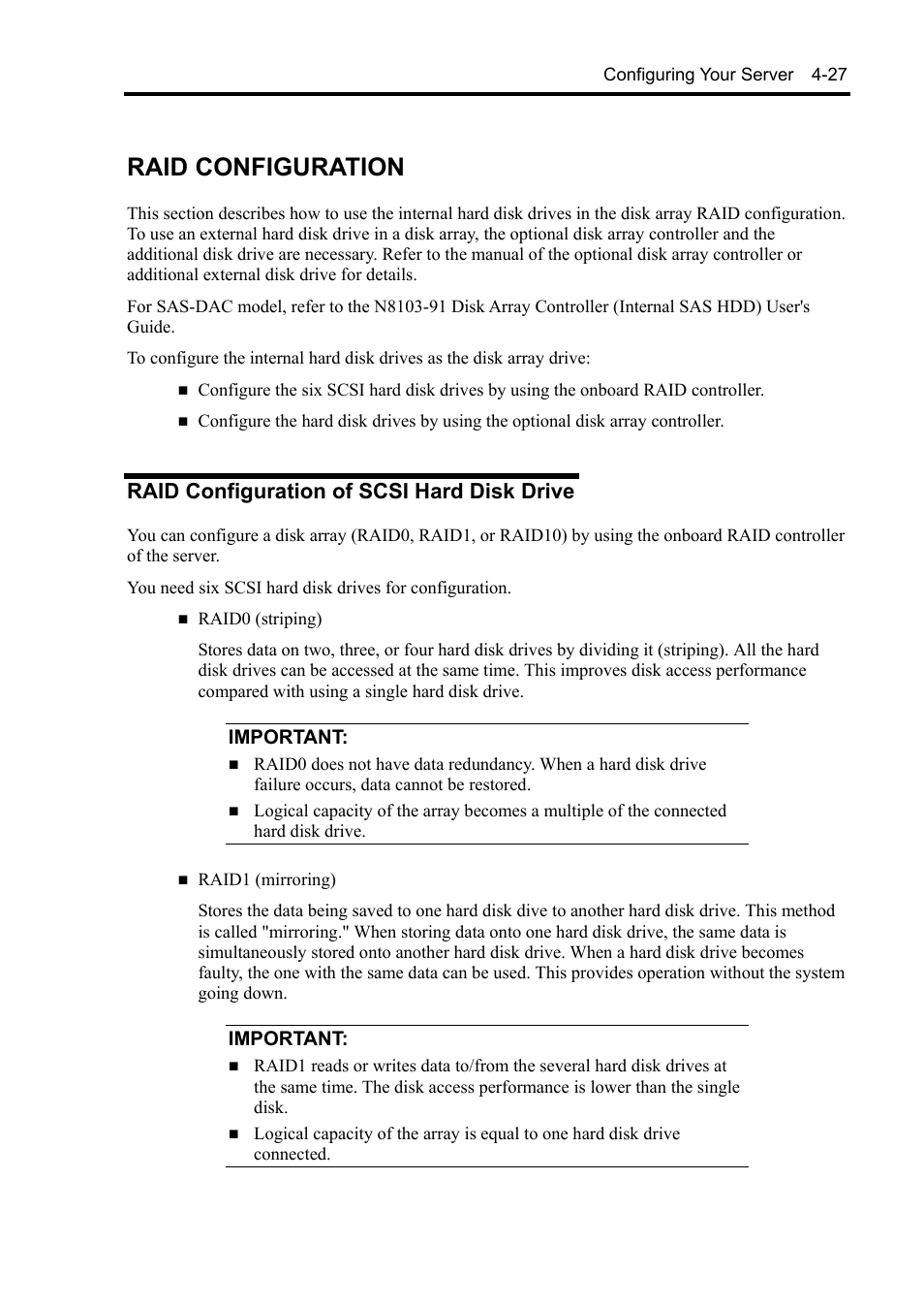 Raid configuration, Raid configuration of scsi hard disk drive | NEC Express5800/120Rh-2 N8100-1126F User Manual | Page 123 / 406