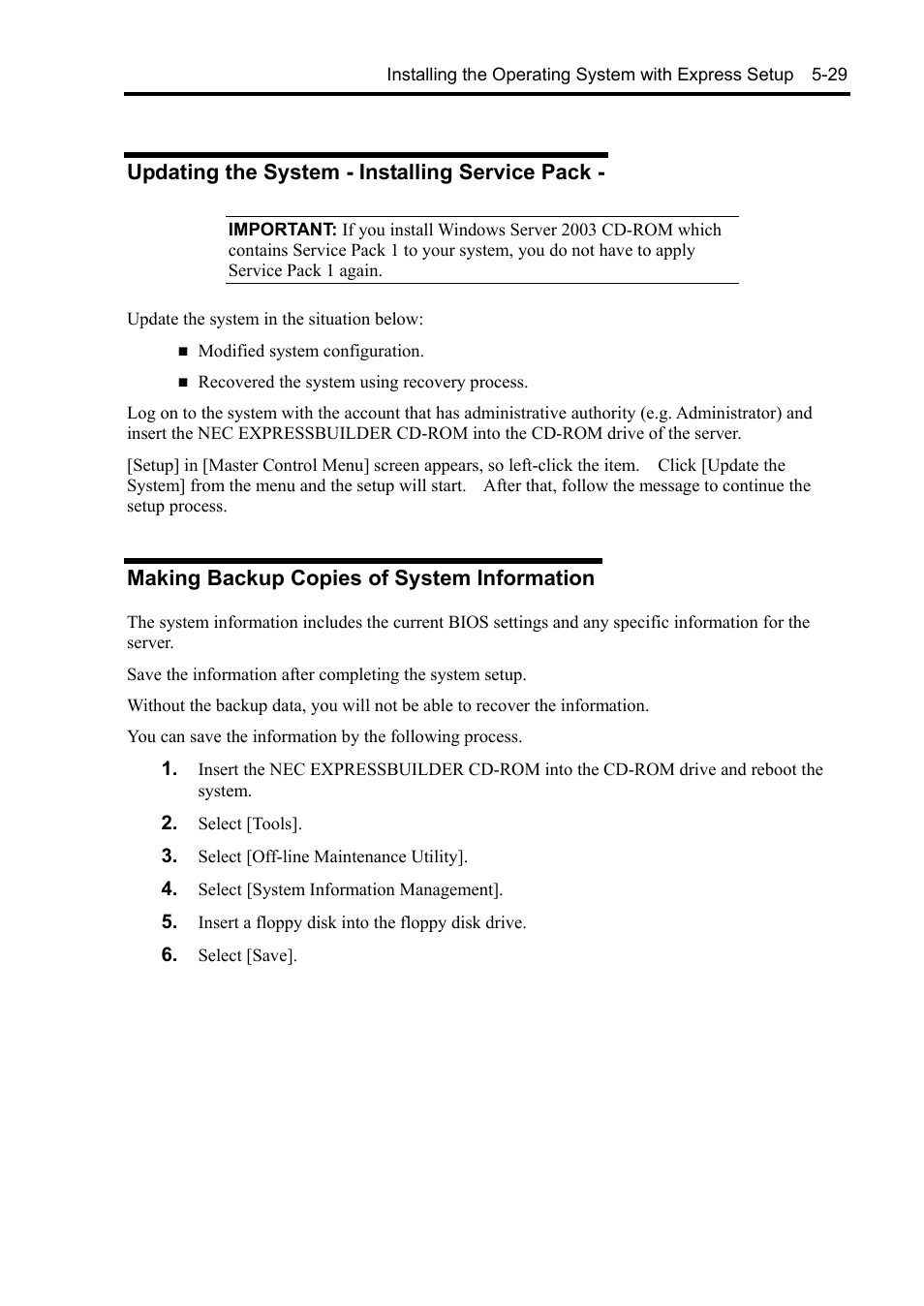 Updating the system - installing service pack, Making backup copies of system information | NEC Express5800/120Rh-2 N8100-1126F User Manual | Page 171 / 406
