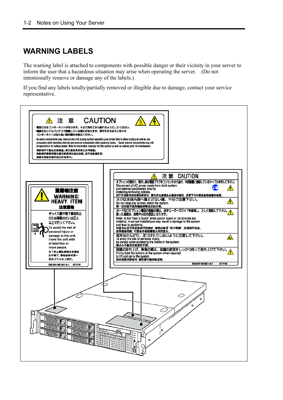 Warning labels | NEC Express5800/120Rh-2 N8100-1126F User Manual | Page 18 / 406